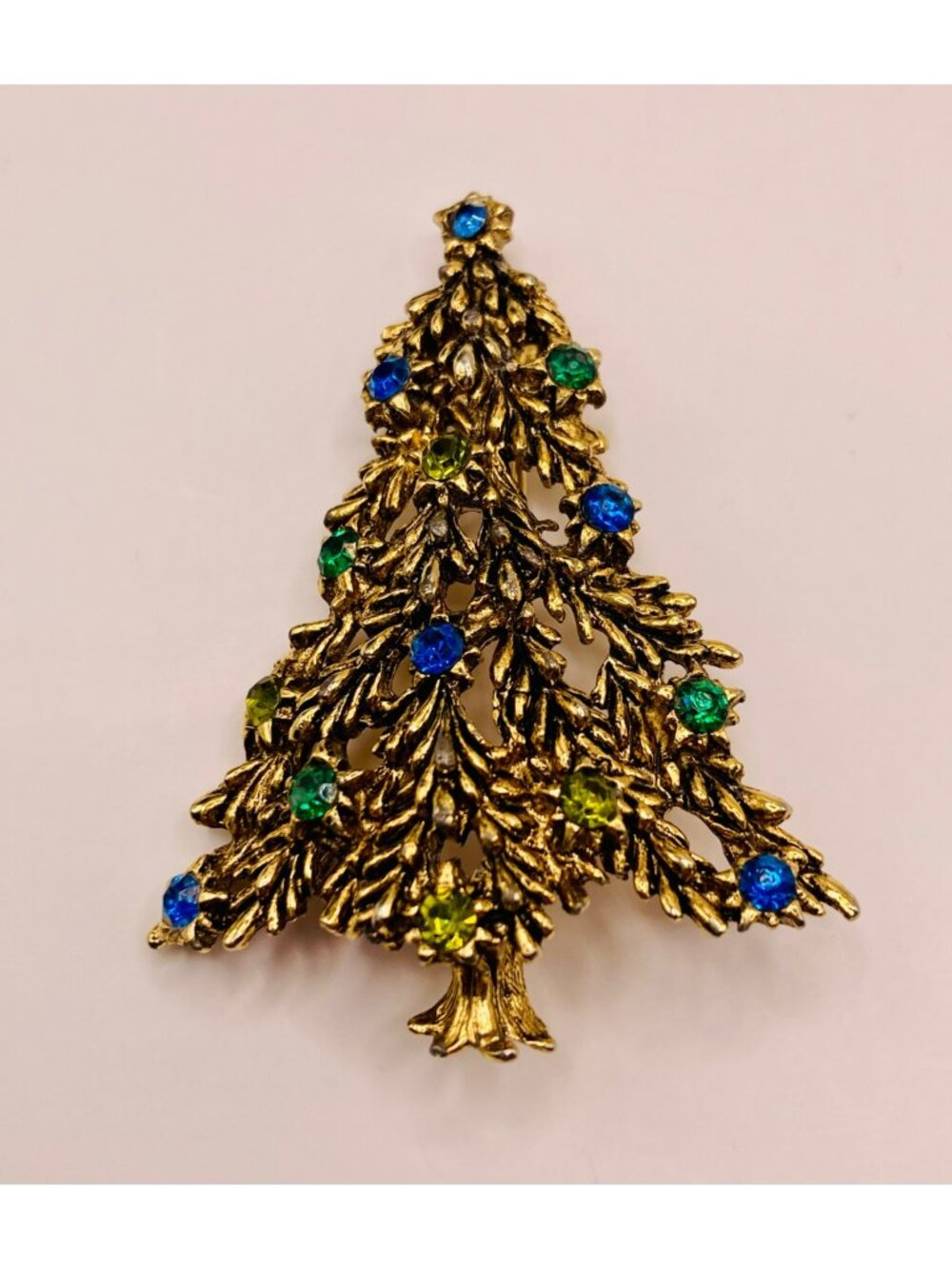 Vintage Hedy Christmas HolidayTree Brooch Green & Blue Rhinestones Gold-Tone -3B